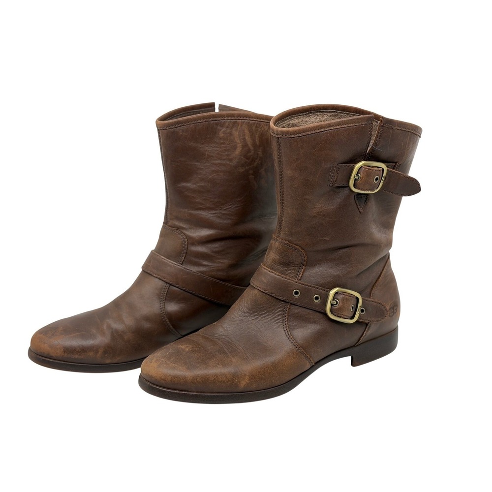 UGG Australia Brown Leather Moto Boots Mid Calf Buckle Shearling Lined Womens 7